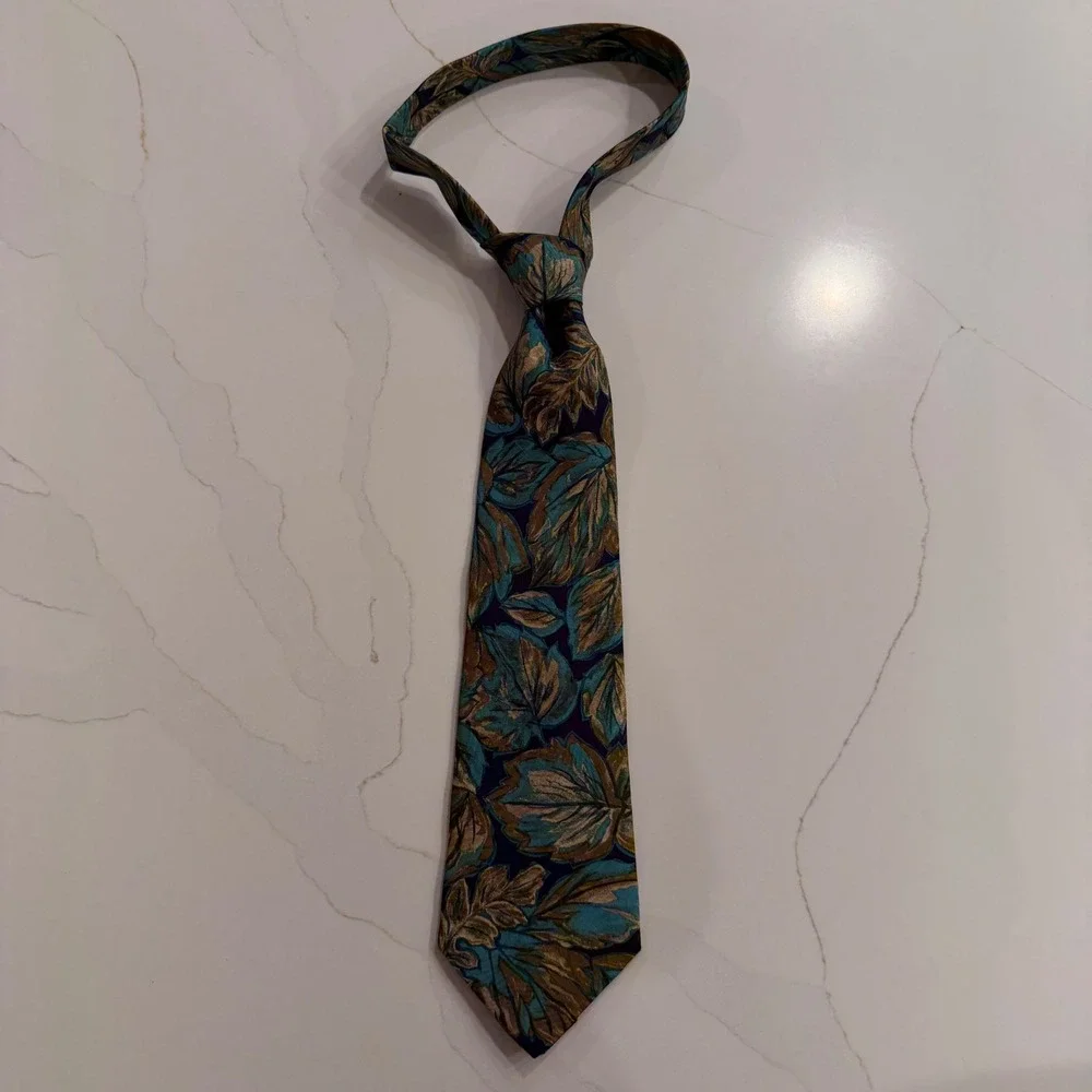 Marina Di Carrara Mens Silk Tie Teal Gold Leaf Botanical Hand‎ Made Italy